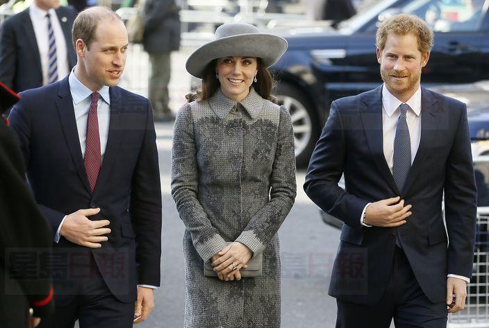 Britain's Prince William, left, Kate, the Duchess of Cambridge and Prince Harry, right, arrive to attend the Commonwealth Day service at Westminster Abbey in London, Monday, March 14, 2016. Organized by the Royal Commonwealth Society, the service is the largest annual inter-faith gathering in the United Kingdom. (AP Photo/Kirsty Wigglesworth)