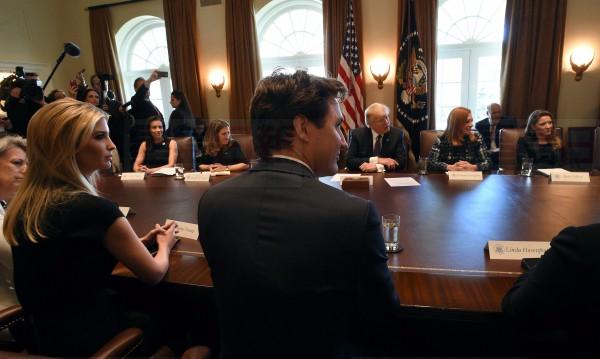 Prime Minister Justin Trudeau participates in a roundtable discussion with female executives, including Ivanka Trump, and U.S. President Donald Trump, at the White House, in Washington, D.C., on Monday, Feb. 13, 2017. THE CANADIAN PRESS/Sean Kilpatrick