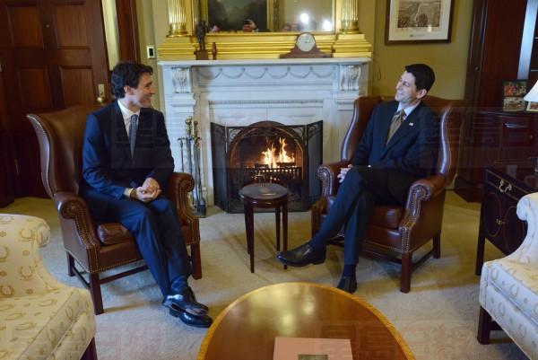 Prime Minister Justin Trudeau meets with the Speaker of the United States House of Representatives Paul Ryan on Capitol Hill in Washington, D.C. on Monday, Feb. 13, 2017. THE CANADIAN PRESS/Sean Kilpatrick