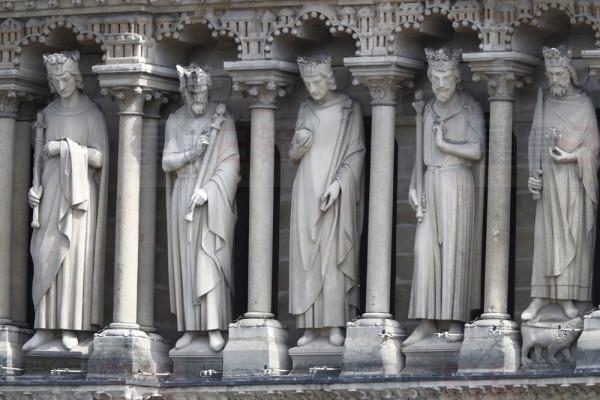 Preserved statues decorating Notre Dame cathedral are pictured Wednesday, April 17, 2019 in Paris. Notre Dame Cathedral would have been completely burned to the ground in a "chain reaction collapse" had firefighters not moved rapidly in deploying their equipment to battle the blaze racing through the landmark monument, a Paris official said Wednesday. (AP Photo/Thibault Camus)