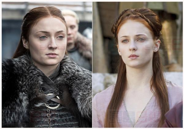 This combination photo of images released by HBO shows Sophie Turner portraying Sansa Stark in "Game of Thrones." The final season of the popular series premieres on April 14. (HBO via AP)