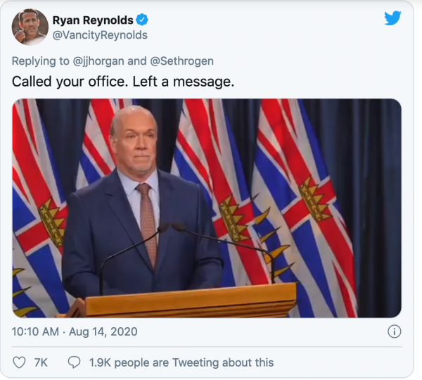 賴恩雷諾士曬出的推特留言。 Twitter截屏圖