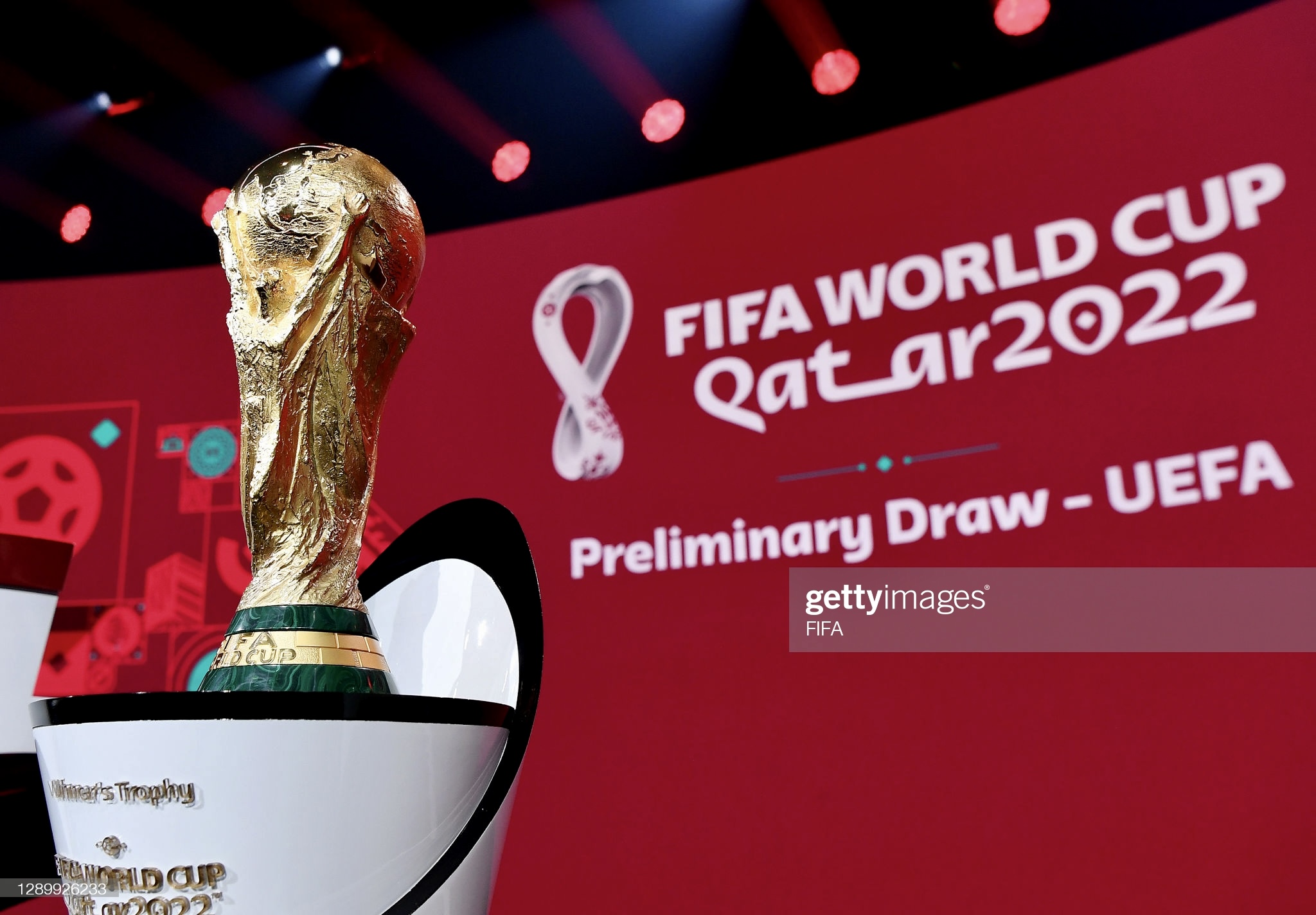 ZURICH, SWITZERLAND - DECEMBER 07: In this handout provided by FIFA The World Cup Trophy is seen prior to the Preliminary Draw of the 2022 Qatar FIFA World Cup on December 07, 2020 in Zurich, Switzerland. (Photo by FIFA/FIFA via Getty Images)