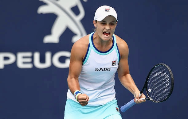 MIAMI GARDENS, FLORIDA - MARCH 30: Ashleigh Barty of Australia celebrates at match point against Karolina Pliskova of Czech Republic in the final during day thirteen of the Miami Open tennis on March 30, 2019 in Miami Gardens, Florida. (Photo by Julian Finney/Getty Images)