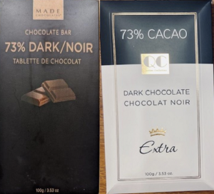 受影響的朱古力產品包括Made Chocolates 100-g 73% Dark Chocolate Bar以及QC 100-g 73%Cacao Dark Chocolate, Extra。（Health Canada）