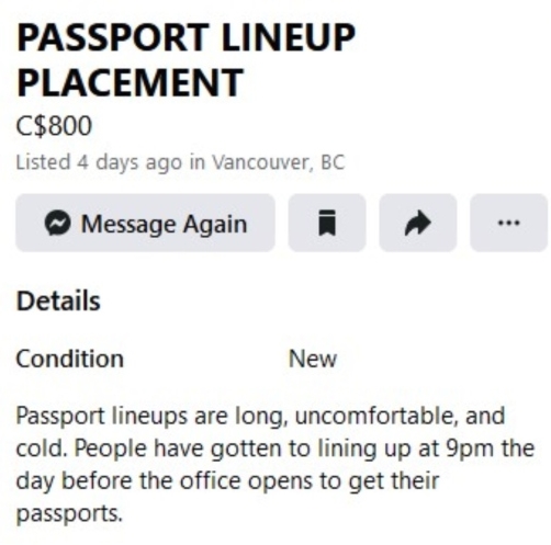 有網民聲稱800元代排隊辦理護照。臉書圖片