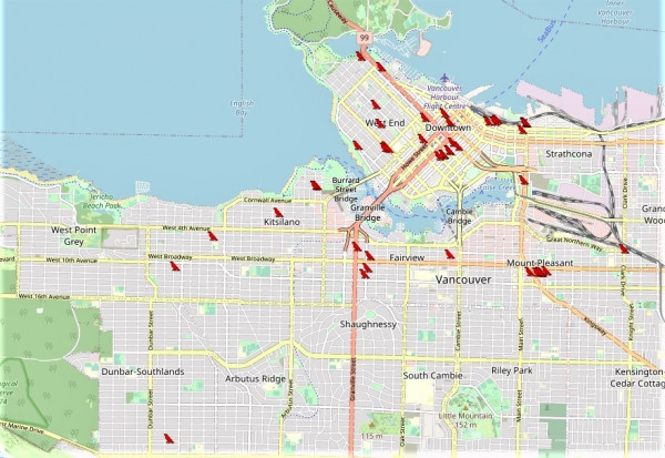 溫哥華烏鴉活躍地，可見都在市中心及溫東一帶較多