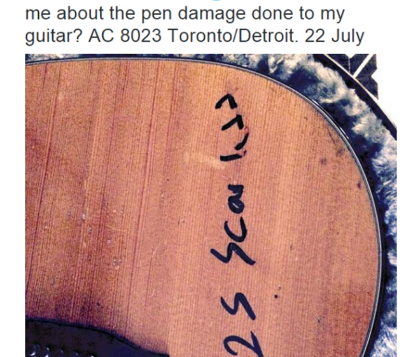 加拿大搖滾明星坐一趟加航 心愛吉他慘被「簽名」