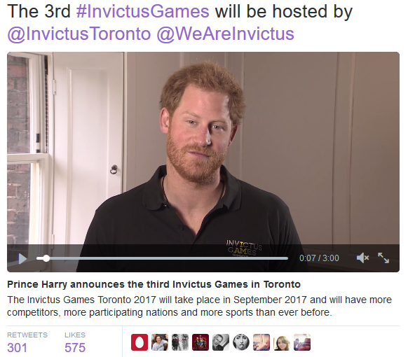 哈里王子宣佈：多倫多舉行Invictus Games