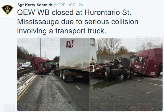 大貨車事故 QEW西線全面封閉