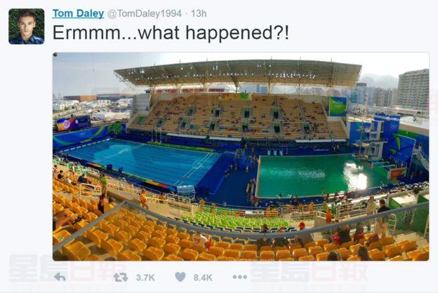 中加奪金銅跳水池 一夜莫名藍變綠