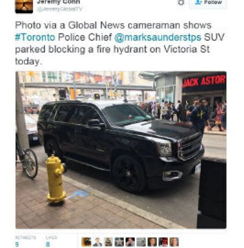 多倫多警察總長的汽車居然就停在消防栓邊上