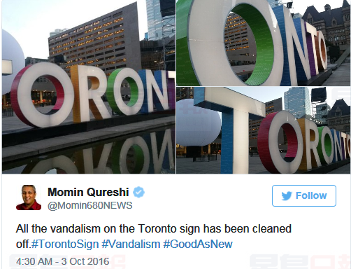 “不夜天”被涂臟的”多倫多”3D牌已煥然一新