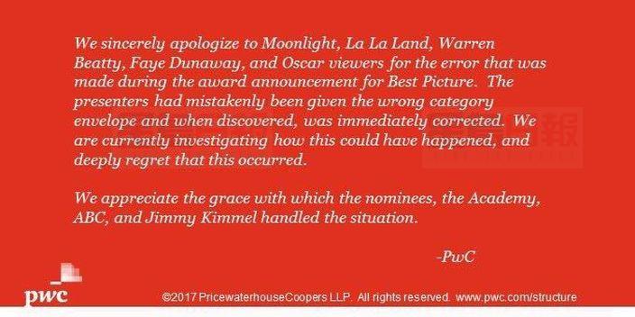 奧斯卡頒錯獎 計票單位證實給錯信封頒獎人