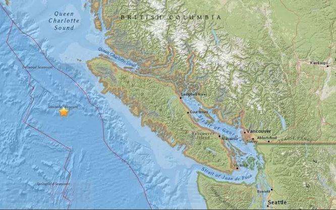 卑詩省南岸附近發生兩次地震