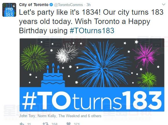 多倫多市今天慶祝183周歲生日