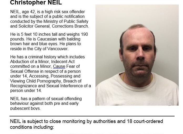 卑詩省一名有戀童癖的高危性罪犯將遷至溫哥華居住