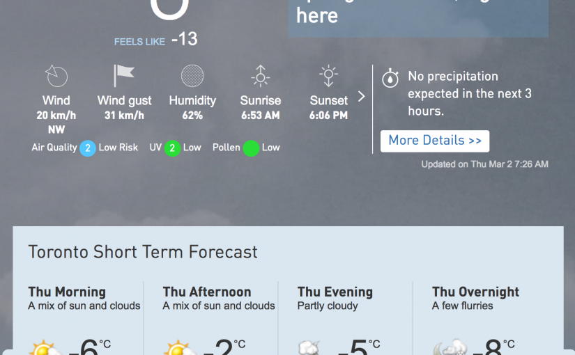 多倫多今日天氣 重回冬季溫度跌破零度