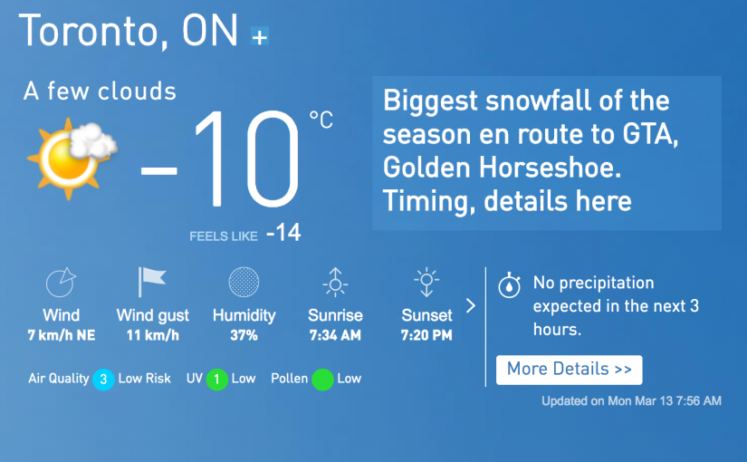 多倫多今日多雲 下午開始降雪