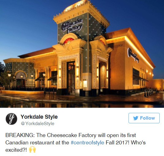 The Cheesecake Factory加國首家店進駐Yorkdale商場