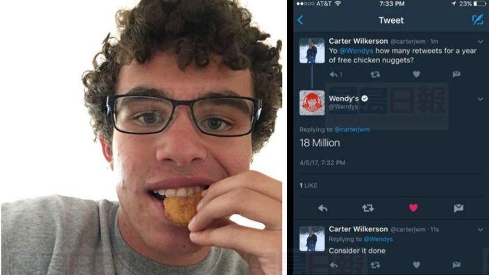 美國少年一句“需要炸雞” 推文轉發破記錄免費吃一年