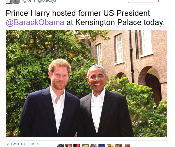 奧巴馬訪肯辛頓宮 與哈里王子敘舊