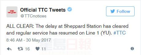 TTC地鐵一號線Finch到Lawrence路段已回復運行