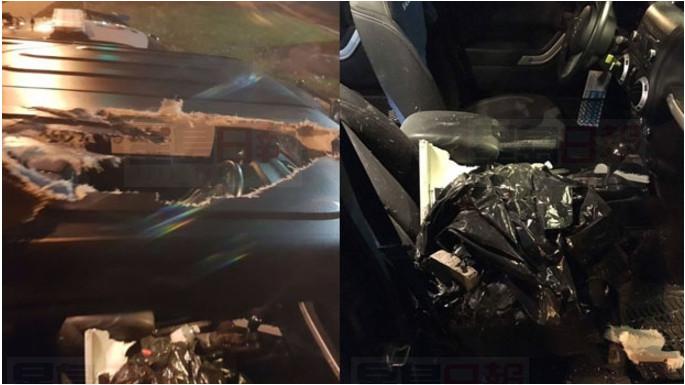 男子在天橋往401高速上扔煤塊 吉普車嚴重受損