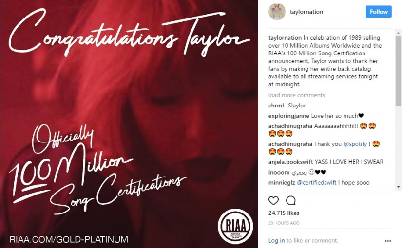 撒花！Taylor Swift歌曲重回Spotify
