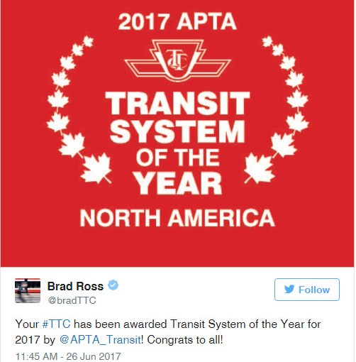TTC獲2017年北美最傑出公交系統稱號