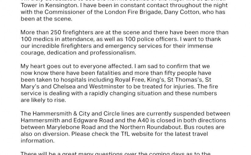 倫敦公寓大火死亡人數增至12人 市長發信慰問