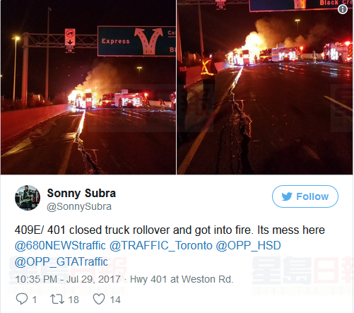 貨櫃車起火氣味刺鼻 Hwy 409東向車道關閉