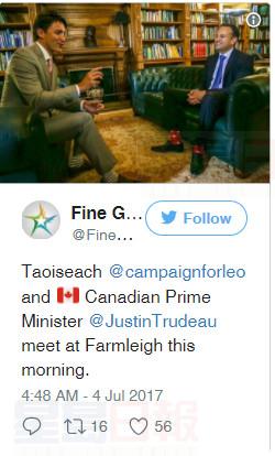 襪子外交？愛爾蘭總理穿楓葉主題襪子會見特魯多