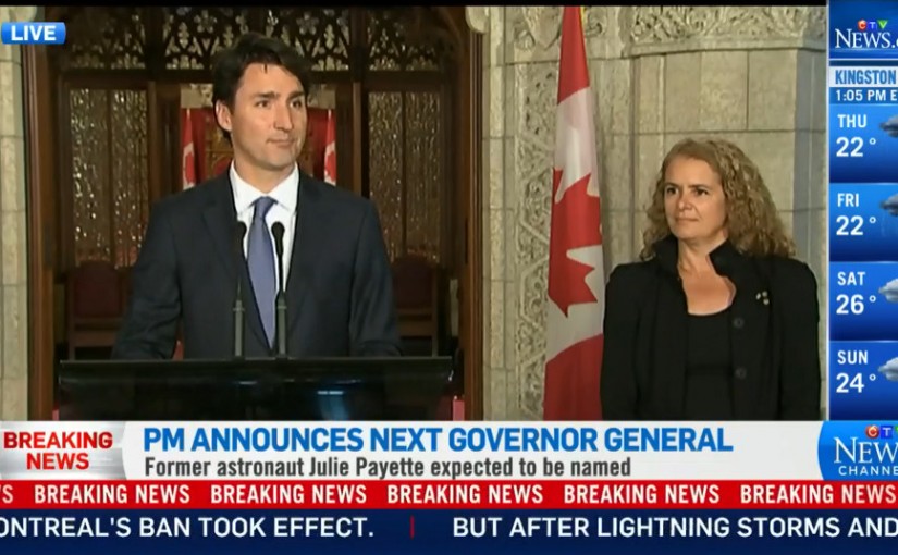 杜魯多正式任命Julie Payette為加拿大第29位總督