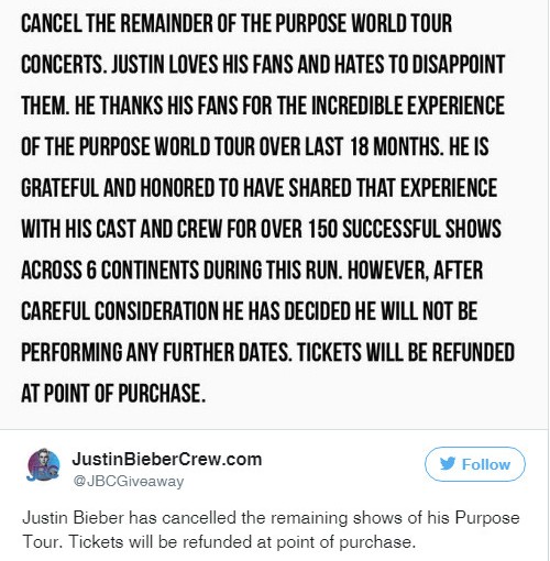 突然！Justin Bieber取消所有世界巡迴演唱會