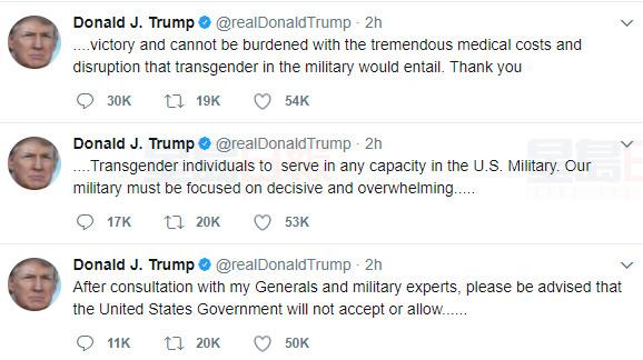 特朗普：禁止變性人以任何形式參軍