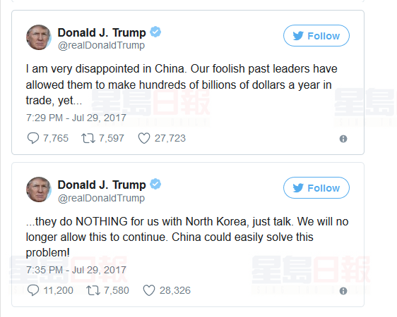特朗普又發推罵話 稱對中國處理北韓事情上失望