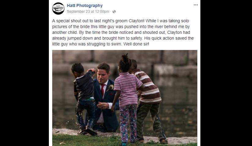 加國新婚夫婦拍婚照 新郎救起落水男童