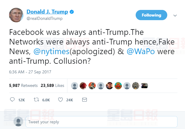 特朗普炮轟Facebook“反特朗普” 稱自己政績前所未有的好