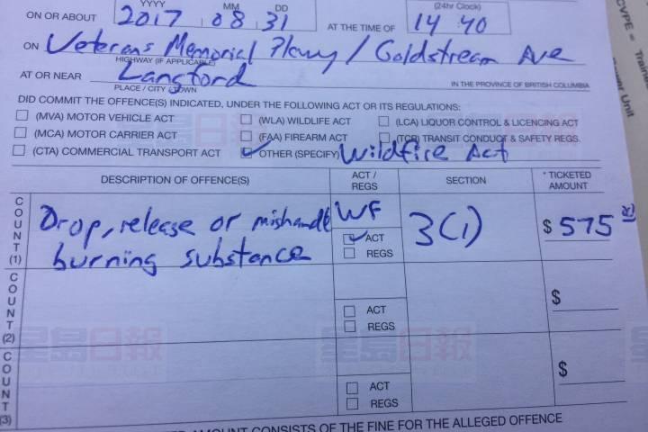 溫哥華島一名司機因丟棄煙頭被罰575元