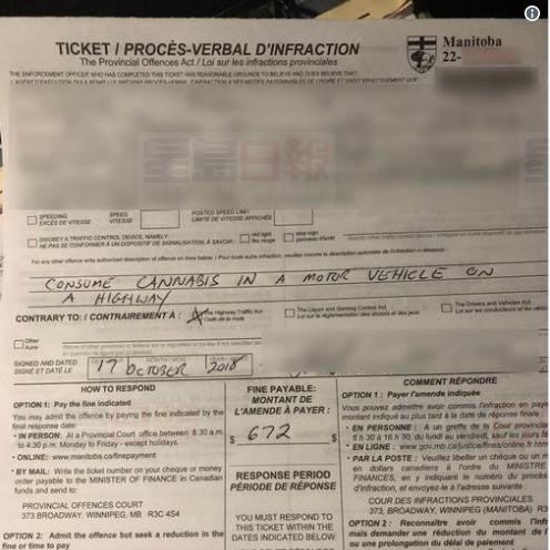 大麻合法第一天 Winnipeg警察簽發$672毒駕罰單