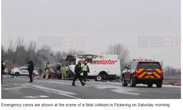 兩車迎頭相撞至少一人死亡 一車為Purolator貨車