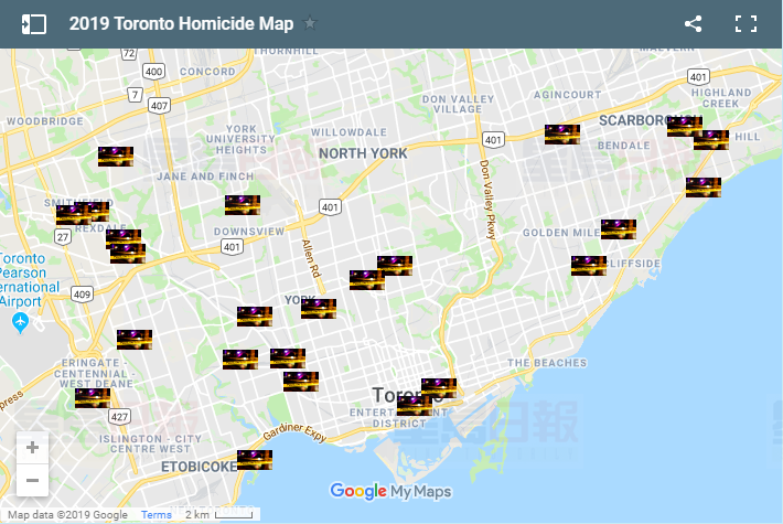 2019年多倫多謀殺案地圖 哪裡最危險？