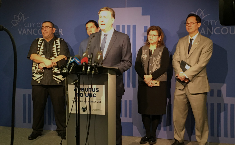 溫市府、卑大及原住民簽協議 促成百老匯天車線延至UBC