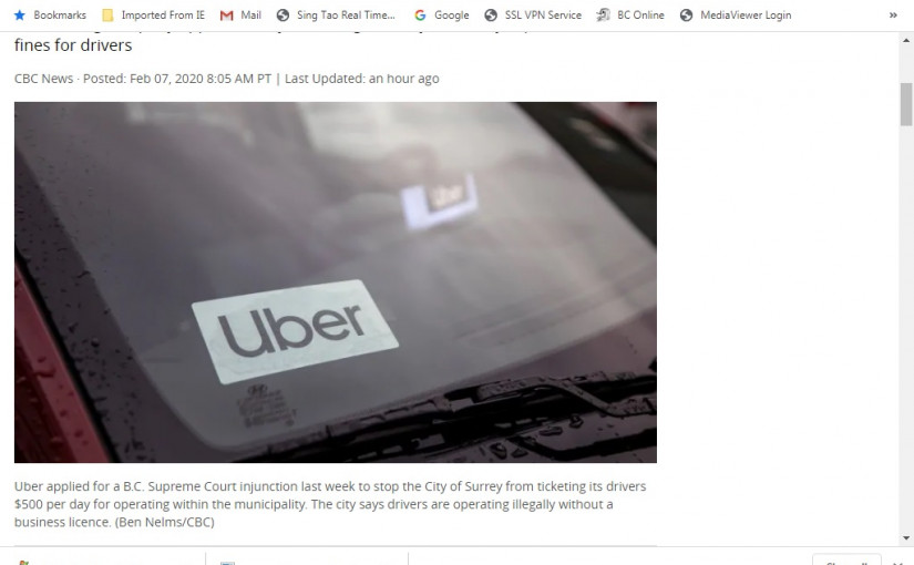 卑詩最高法院裁定素里市不能向網約車司機開罰單