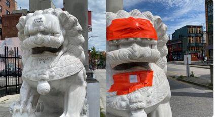 溫哥華華埠石獅子再遭塗鴉破壞 警方調查