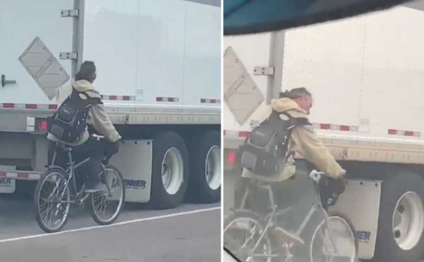 高速公路扶貨櫃車尾騎單車險象橫生