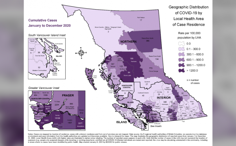 卑詩疾控中心公布新冠病例分布圖 2020年素里累計病例冠全省