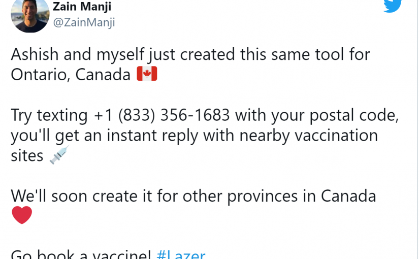 安省工程師設計一項短訊工具 協助省民尋找最接近的疫苗接種點