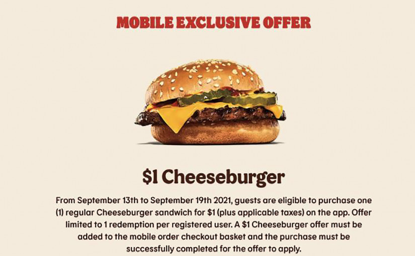 Burger King本周提供1元買芝士漢堡推廣活動